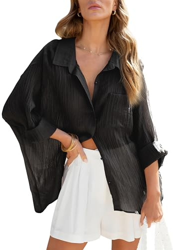 Homlan Blusa de mujer de manga larga, elegante, cuello en V, camisas informales, camisa de lino, holgada, con bolsillos en el pecho
