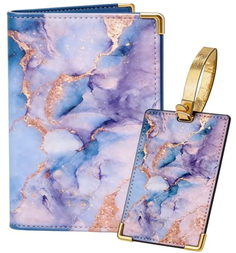 PRESSINART Portapassaporto in Marmo con Etichetta per Bagagli per Uomini e Donne per Gli Essenziali di Viaggio Copertura del Passaporto in Pelle con Motivo Marmo Viola Portafogli da Viaggio Protetto