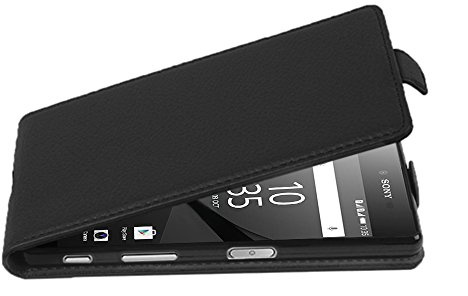 Cadorabo Hülle kompatibel mit Sony Xperia Z5 COMPACT Flip Design aus Premium Kunst Leder Flip Klappbare Stoßfeste Magnetische Cover Hülle für Sony Xperia Z5 COMPACT Tasche in Schwarz