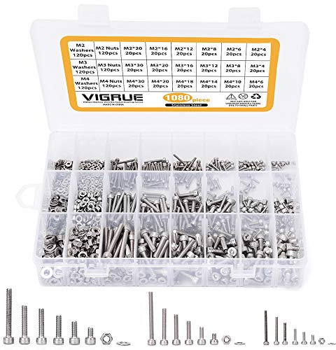 VIGRUE 1080 Stück M2 M3 M4 Zylinderschrauben mit Innensechskant Gewindeschrauben Sortiment mit Muttern Unterlegscheiben und Innensechskantschlüsseln aus Edelstahl in Aufbewahrungsbox