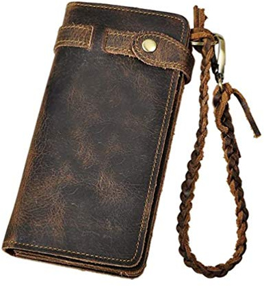 Le'aokuu Mens Genuine Leather Bifold Wallet Organizer Checkbook Removable Chain Wallet