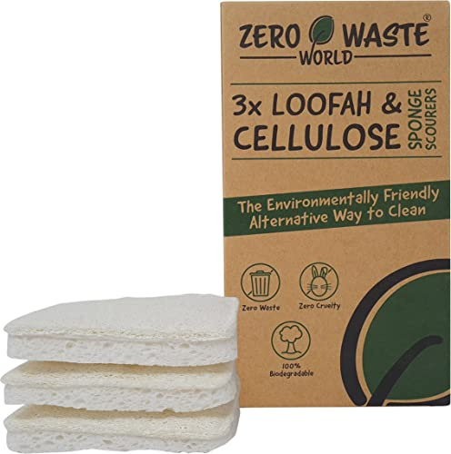 ZERO WASTE WORLD Natural sponge -eco friendly washing up sponges, natural cleaning products for home,non scratch 100% biodegradable (cellulose loofah)