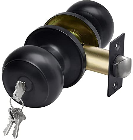 CML Hardware Pomo para puerta de entrada con llave negra mate con placa extraíble para uso en entrada, exterior e interior, mango redondo de bola de acero inoxidable