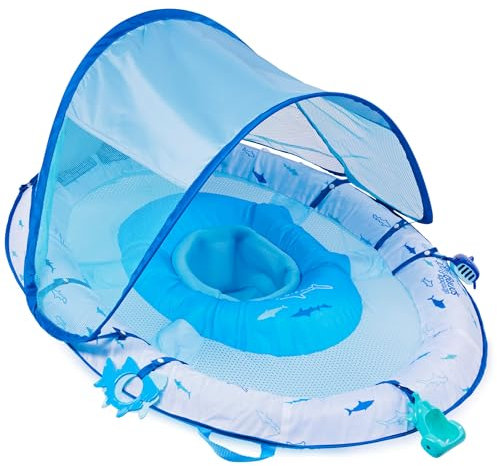 Swimways Ultra Baby Spring Float, Premium Aufblasbarer Baby Pool Float mit Sonnendach, Schnelles Aufblasen & Tragetasche (9-24 Monate), Hai-Spielzeug für Kinder