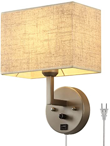 PULLCU Plug in Wall Sconce with Dimmer Switch and USB Port，1-Light 9.5“Rectangular Linen Fabric Shade，Bedside Wall Lamp Satin Nickel Finish，Wall Lamps Perfect for Bedroom, Living Room and Hotel