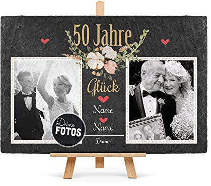 Schiefertafel selbst gestalten- Fotocollage - 50 Jahre - Personalisiertes Geschenk zur goldenen Hochzeit mit zwei Fotos, Namen und Datum - inkl. Holzstaffelei, 20 x 30 cm