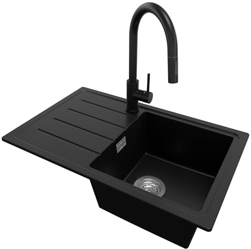 PRIMAGRAN Fregadero Granito al Mueble 45cm + Grifo, 70x44cm | Set: Grifo BW9010 + Kit de desagüe (sifón, válvula, rebosadero) + Copenhague Easy 1 Seno para Cocina, Negro