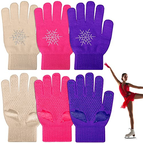 Jiuguva 3 Pairs Ice Skating Gloves Figure Skating Accessories Gloves with Snowflake Rhinestone for Kid Girl(Skin Color, Purple, Pink)