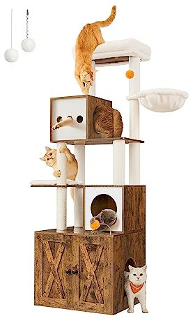 Feandrea Kratzbaum, Katzenbaum mit Katzenklo-Schrank, 180 cm hoch, Katzenkratzbaum, Kratzsäule, Plattform, waschbares Kissen, vintagebraun PCT116X01