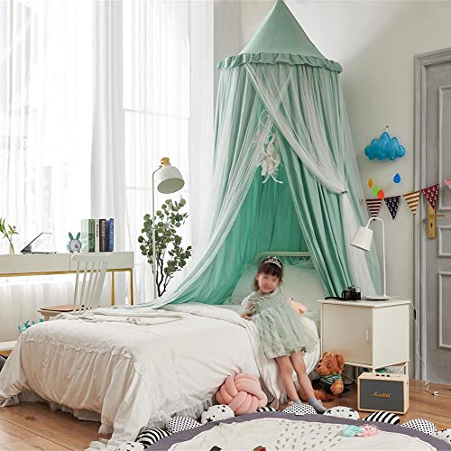 Surwin Betthimmel Madchen Jungen Babybett Doppelbett, Moskitonetz Baldachin Kinderzimmer Einzelbett Himmel Schlafzimmer Dekoration Spielzelte Kinder Geschenk (Grün Weiß)