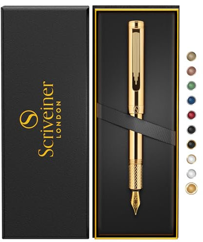 Scriveiner Gold Luxury Fountain Pen (Fine) - Award Winning - Heavy Pocket Pen, Real Gold Plating, German Nib & Converter, Nice Gift Pens for Men & Women