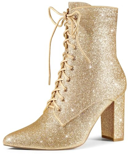 Perphy Damen-Stiefel mit Glitzer und Pailletten, Schnürung, Blockabsatz und Glitzer, Goldfarben, 38 EU