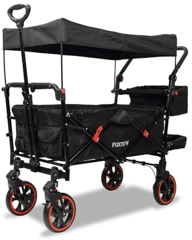 FUXTEC Faltbarer Bollerwagen FX-CT850 Schwarz – klappbar mit Dach, Vorder- und Hinterrad-Bremse, Vollgummi-Reifen & Innenraumverlängerung – für Kinder geeignet – Das Original
