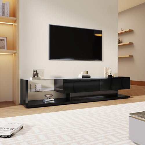 Azkoeesy Mobile TV 170 cm con illuminazione a LED, Nero lucido, con ripiani in vetro, 2 cassetti, moderno mobile TV basso per soggiorno (Nero 170 cm)