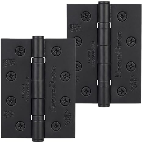 Decoranddecor Matt Black Door Hinges 4 Inch Fire Rated Internal 2 Hinges | Matt Black Hinges for Internal Doors, Heavy Duty Fire Door Hinges, Ball Bearing Butt Hinge, 102mm Grade 11, Steel Hinges
