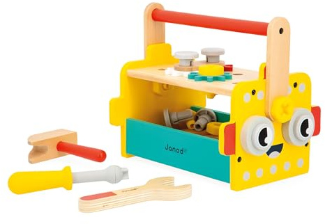 Janod - Mon Premier Jeu de Construction - Caisse à Outils Robot - 30 Accessoires - Imitation - Développe la Motricité Fine - 3 Ans + - J06455