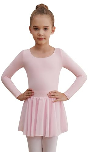 WEGETIT Long Sleeve Girls Leotard Gymnastics Leotards for Girls Ballet Dance Dresses with Skirt (Pink,8-10 Years)