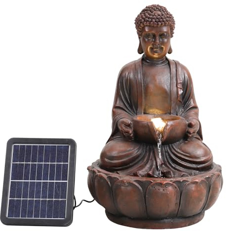 Warmiehomy Solar Powered Garden Water Feature Buddha Solar Water Fountain with Lights,Outdoor Garden Water Fountain Decorative Solar Waterfall Outdoor Garden Ornaments for Yard Decor,Brown