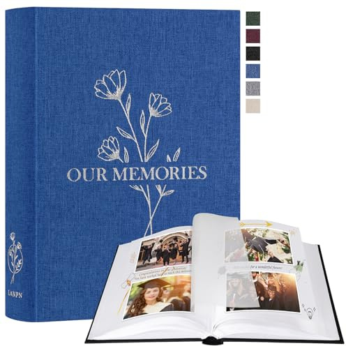 Lanpn Fotoalbum zum Selbstgestalten Einkleben, Kleines OUR MEMORIES Leinen Fotobuch 100 weißen Seiten mit Pergamin Trennblätter Fasst 9x13 10x15 13x18cm Fotos (19x27 cm, Blau)