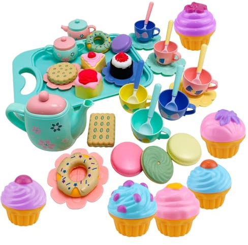 Coo11 43PCS Kids Tea Party Set - Pretend Play Tea Set with Teapot, Cups, Plates, Spoons & Cupcake Accessories - Play Food Set for Toddlers and Girls Ages 3+ Years