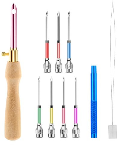 Piriuuo 10 Stück Punch Needle Set, Stanznadel-Set 7 Größen Punch Needle Stanznadel mit Holzgriffen, Anfänger Stanznadel-Einfädler Stanznadel Stickerei Set Punch Nadel Set für DIY Kreuzstich