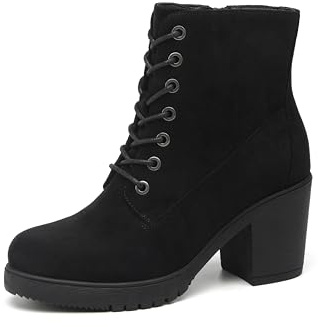 TYNDALL Women's Chunky Heel Ankle Boots Stylish High Heel Lace-Up Side Zipper Booties for Girls Black Women's Boots