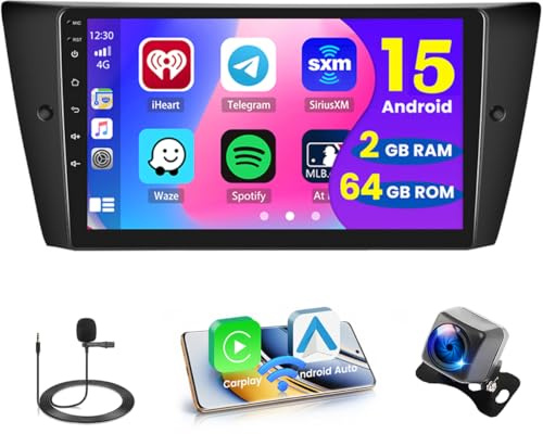 Hikity 2+64G Android Autoradio för BMW 3-serie E90/E91/E92/E93 2005-2011 Trådlös Carplay Android Auto, 9 Tum Autoradio med Skärm Navi Bluetooth EQ FM/RDS USB Backkamera