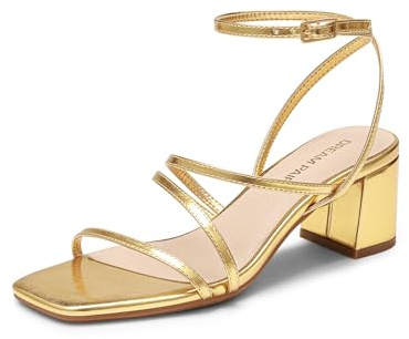 DREAM PAIRS Sandalias de tacón bajo para mujer, de 2 pulgadas, con tiras y puntera cuadrada, elegantes, gruesas, para fiestas, bodas, noche, Dorado metálico, 37 EU