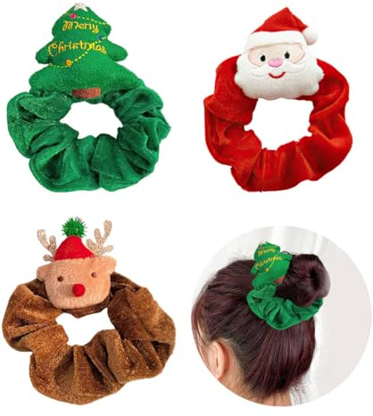 3 Stück Haargummi Weihnachten, Elastische Gummibänder Haarband | Weihnachten Haargummis, Weihnachts Haarreif, Weihnachts Haargummi mit Weihnachtsbaum, Elch, Weihnachtsmann
