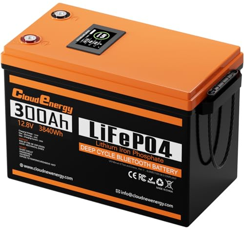 Cloudenergy 12.8V 300Ah LiFePO4 Li-Ion Batería con Capacidad de 3840Wh con 200A Bluetooth BMS y Pantalla táctil con 6000+ ciclos para RVs, Barcos y Camping