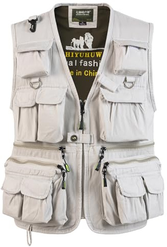 SUSHIMIAN Gilet de Pêche pour Homme Multi-Poches Gilet Reporter de Plein air Veste sans Manches de Travail Gilet de Chasse Photographie, Beige, L