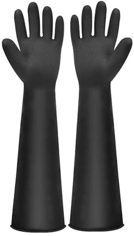 22“ Long Rubber Gloves, XL Heavy Duty Large Black Rubber Gloves, Industrial Chemical Resistant Gloves Waterproof Work Gauntlet Gloves for Cleaning, Resist Strong Acid, Alkali and Oil, Non-Slip