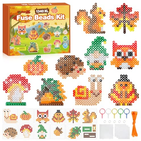 PITMT Bügelperlen Groß Set 10mm, 1340 Stück XL Steckperlen Herbsttier 10 Farben mit Steckplatte, 10 Muster 3 Bügelpapier 5 Schlüsselanhänger für Kinder ab 3 Jahren Kreatives Basteln Handwerk Geschenk