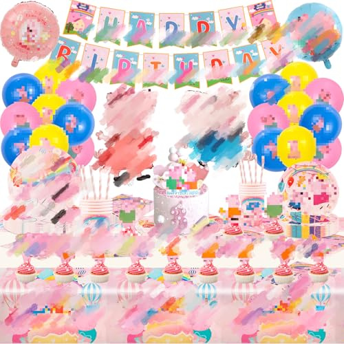 Pig Pappteller 107PCS Geburtstagsdeko Set, Rosa Schwein Thema Party Set, Pig Partygeschirr Geburtstag, Enthält Teller, Luftballons, Tassen, Servietten, Banner, Tischdecke für 20 Personen