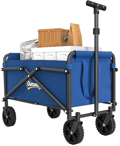 Outsunny 41L Festival Trolley on Wheels, Compact Garden Folding Trolley Cart, 60kg Heavy Duty Collapsible Foldable Wagon with Adjustable Handle and Carrying Bag for Beach, Camping, Festival, Blue