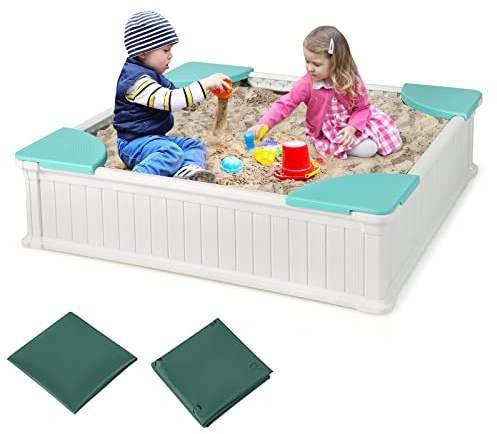 COSTWAY Bac à Sable Enfant Extérieur en HDPE avec 4 Bancs, Bac à Sable avec Couvercle en Tissu et Doublure, Charge 50kg de Chaque Banc, Jeux Extérieur pour Jardin Terrasse Cour, 3 Ans+ (Blanc)