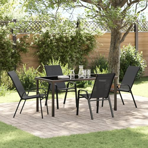 Qnhdfrt 5-teilige Garten Essgruppe Schwarz Textilene und Stahl Outdoor Essset mit Rechteckigem Tisch für 4 Personen Modern Robust Langlebig für Terrasse Balkon Garten
