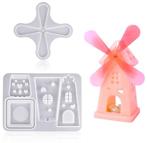 WOUYTPE Silikonformen Gießformen Häuser, 3D Silikonform Haus mit Windmühle, Silikonform Kerzenhalter Gießform Häuser Gips, für Weihnachtliche DIY-Kerzenornamente, Gipsornamente usw
