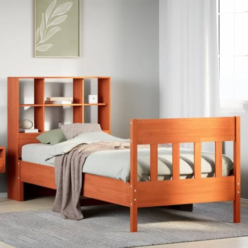 Teenpull Massiv träsäng, furu, vaxbrun, 75 x 190 cm, robust sängram utan madrass, med huvudgavel och sex praktiska fack för förvaringsutrymme, perfekta sovrumsmöbler