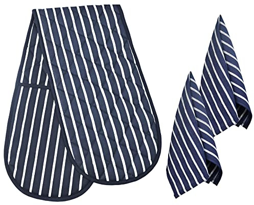 HouseGads Heat Resistant Double Oven Gloves | Heavy Duty Cooking Potholder | Cooking Oven Glove Mitts For Home Kitchen Baking | Double Oven Mitt Pot Holder (20W X 85L CM) (1, Navy With Tea Towels)