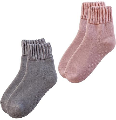 Sock Stack 2 Pack Women’s Merino Wool Slipper Socks Non Slip Sole Warm Rich Bed Wear Cosy Winter Lounge Sock Ladies UK 4-7, Purple/Pink