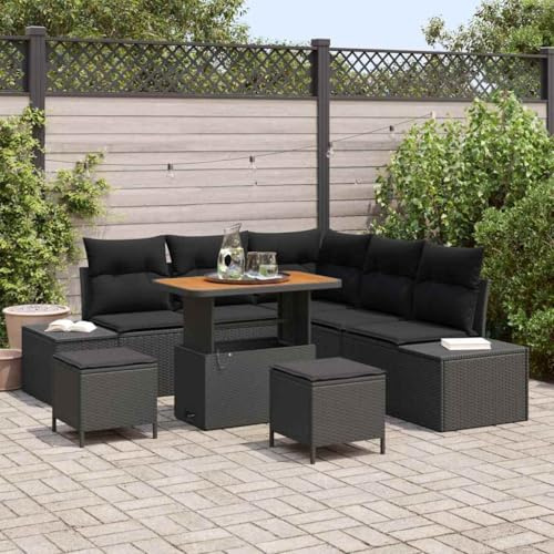 QJBSAVVA 8-TLG Balkonmöbel-Set Schwarz Poly-Rattan 90×55×71 cm Garten-Sofa mit Akazienholztisch für Garten Terrasse kleinen Balkon