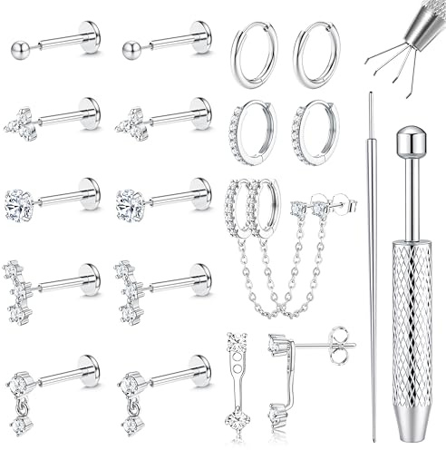 Chriscoco 16G/18G/20G Helix Piercings Chirurgenstahl Creolen Ohrringe Set für Damen 14K Vergoldet Medizinische Ohrstecker Silber Nasenpiercing Labret Conch Tragus Piercing Set Piercing Ohr-A-20G-S