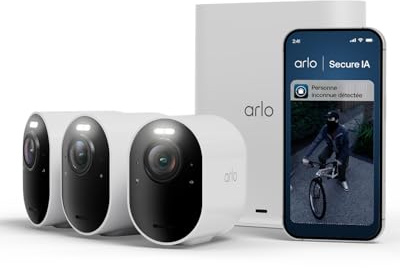 Arlo Ultra 3 Caméra de Surveillance WiFi Extérieure sans Fil 4K UHD, Détection IA, Vision Nocturne Couleur, Audio bidirectionnel, Compatible avec Alexa, Essai Secure Inclus, 3 Caméras + Smarthub