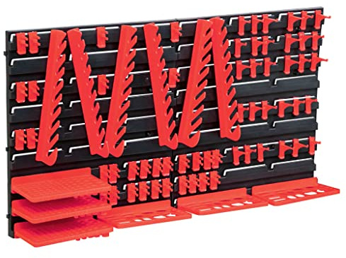GeenYuu Sistema de almacenamiento de 71 piezas con paneles de pared de plástico rojo y negro, 350 x 382 mm, 2 paneles, 30 ganchos, soportes, llaves, bandejas de herramientas para taller, garaje, sala