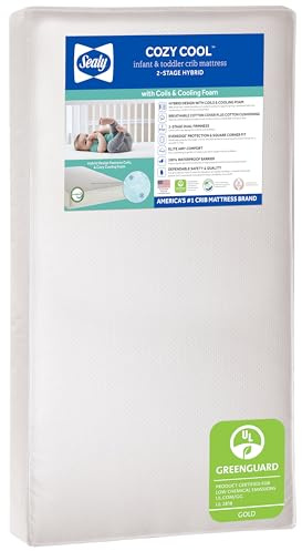 Sealy Baby Cozy Cool Hybrid Breathable Crib Mattress, GREENGUARD GOLD Certified, Made in USA, Cooling Foam, 2 Stage, Toddler Bed Fit, 204 Coils & Cotton Cover, Safety & Quality Tested, 52x28