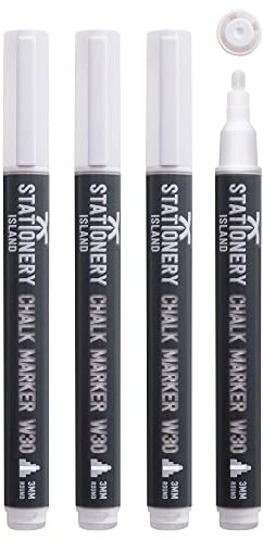 STATIONERY ISLAND Kreidestifte für Tafel Abwaschbar, Kreidestift für Fenster 4er Pack, Weiß Kreidemarker für Glas & Tafeln, Fensterstifte, Zeichnung, Künstler