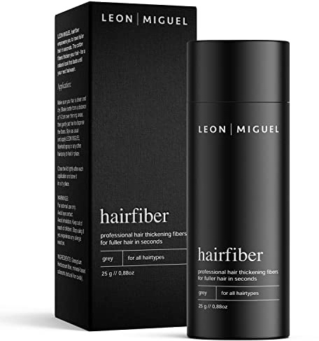 LEON MIGUEL® Hair Fiber - Haarverdichtung - Premium Streuhaar/Schütthaar mit Soforteffekt bei Geheimratsecken, Haarausfall und lichtem Haar - Haarpuder | 25g (Grau)