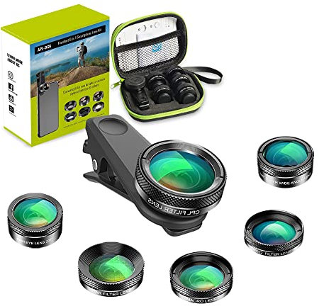 Updated Version Apexel 6 In 1 Phone Camera Lens Kit Wide Angle Lens + Macro Lens + Fisheye Lens + ND Filter+ CPL/Star Filter Clip-On Phone for iPhone 8/x 7/Plus Samsung S8 Android Smartphones