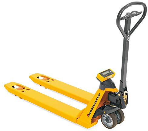 Jungheinrich Wiegehubwagen AMW | 2.200 kg Tragkraft | Displaywaage mit 1 kg Schritten | 1.150 mm Gabellänge | Lenkrad aus laufruhigem Vollgummi | Polyurethan Einfach-Gabelrollen | Hubwagen mit Waage